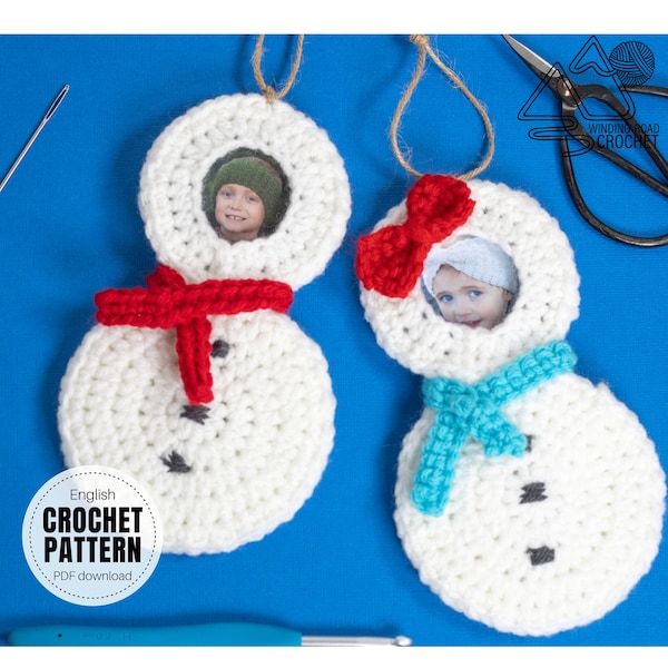 CROCHET PATTERN X Crochet Snowman Photo Ornament Pattern, English PDF Download, Crochet Picture Ornament