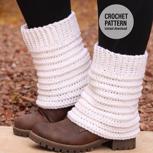 May include: White crochet boot cuffs, worn over brown boots. The cuffs are made with a simple stitch pattern and are folded down at the top. The image includes the text "CROCHET PATTERN instant download".