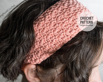 May include: A close-up of a pink crocheted headband worn by a person with brown hair. The headband is made with a simple stitch pattern. The text "CROCHET PATTERN instant download" is visible in a white circle.