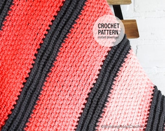 May include: A crochet pattern for a striped blanket in black and pink ombre yarn. The pattern is available for instant download. "CROCHET PATTERN instant download" is written on the image.