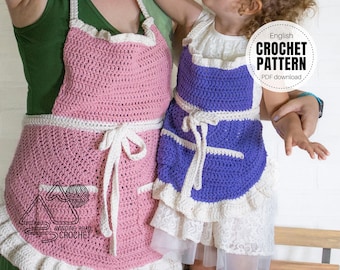 May include: A crochet pattern for a pink and white adult apron and a purple and white child's apron. The pattern is available as a PDF download. The text on the pattern says "English Crochet Pattern PDF download."