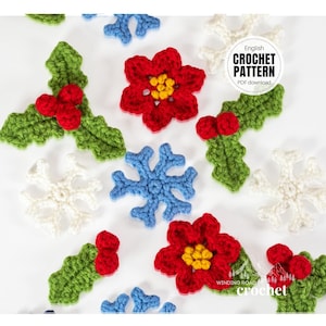 CROCHET PATTERN X Crochet Winter Motifs, English PDF Download, Crochet Holly and Berries, Crochet Poinsettia, Crochet Snowflake