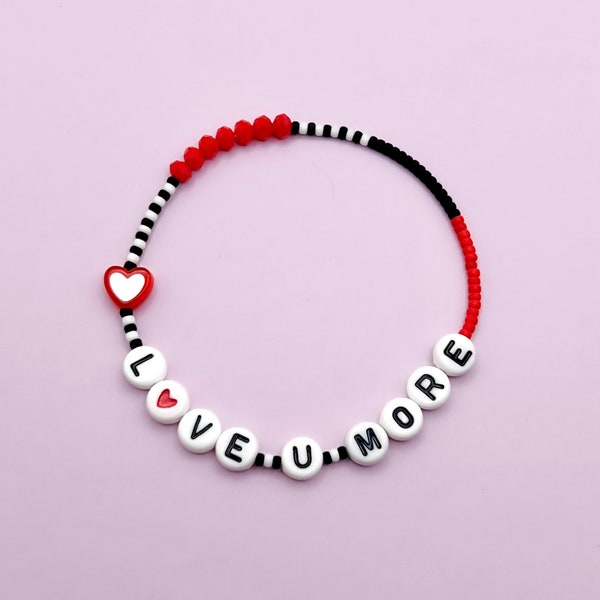 LOVE U MORE Handmade Stretch Beaded Bracelet, Alternative Pretty Punk Jewellery, Red Heart Crystal Bracelet, Romance Gift, Unique Jewellery