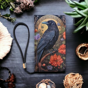 Cartera con diseño de cuervos y flores de bruja gótica de Dark Cottage, cartera de mano con diseño de cuervos de Dark Cottagecore, cartera de mano con cremallera con diseño de cuervos de Wiccan, estilo bohemio con diseño de cuervos y flores de bruja oscura