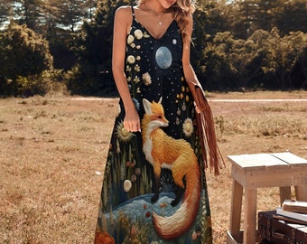 Dark Cottagecore Fox Flowers Moon Maxi Dress, Dark Forestcore Fox Dress, Boho Woodland Fox Motif Dress, Witchy Hippie Mystical Fox Dress