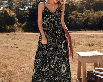 Celestial Tarot Maxi Dress Dark Cottagecore Maxi Dress, Witchy Maxi Dress, Fairy Grunge Dress, Whimsigoth Maxi Dress, Occult Pattern Dress