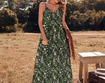 Dark Cottagecore Maxi Dress, Dark Ferns & Floral Pattern Dress, Forest Ferns Dress, Witchy Maxi Dress, Fairy Grunge Dress, Whimsigoth Dress