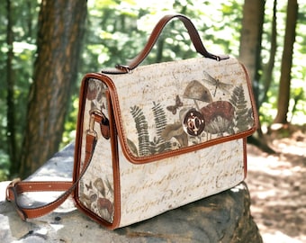 Witch Canvas Satchel bag, Cottagecore Witchcore Cross Body purse, Canvas & Vegan Leather Mushrooms Ferns Magick Mystical Boho Hippie Satchel