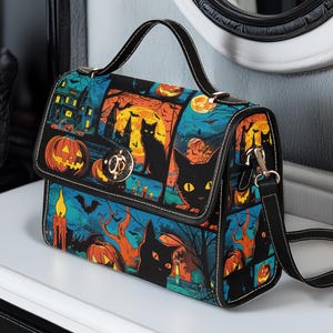 Creepy Halloween Black Cat Comics Canvas Satchel: Spooky Vegan Handbag