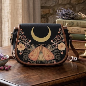 Mystical Moth Moon Saddle Bag Purse, Dark Cottagecore Cross-Body Bag, Boho Witchy Hippie Handbag, Goblincore Purse, Dark Forestcore Handbag