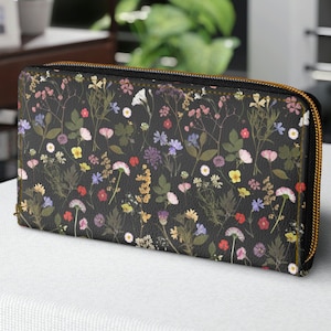 Cartera de flores silvestres prensadas secas, Cartera floral de cabaña, Cartera Cottagecore, Cartera floral bruja, Billetera Academia oscura, Regalo floral del país