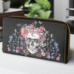 Cartera de calavera floral rosa y azul, Cartera de calavera gótica Memento Mori, Cartera gótica pastel, Cartera floral Academia oscura, Estética de dulce horror