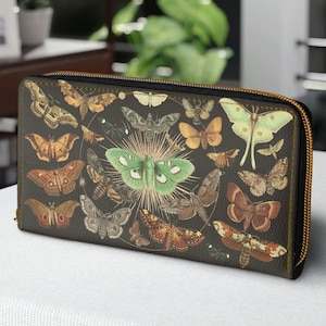 Monedero VIntage Moths, Estética de la polilla entomóloga, Monedero de embrague con cremallera Forestcore, Monedero Cottagecore, Regalos de la Academia Oscura, Polillas místicas