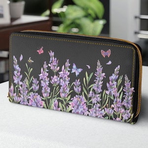 Lavender Fields Wallet, Wildflowers Butterflies Wallet, Natural Aesthetic, Cottagecore Zipper Clutch Wallet, Witchy Flowercore Zipper Wallet