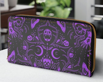 Purple Gothic Wallet, Purple Skulls Moths Witchy Wallet, Mystical Symbols Zipper Clutch, Goth Girl Gifts Wallet, Pastel Witch Zipper Wallet