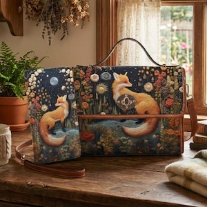 Faux-Embroidered Fox Handbag & Clutch Wallet, Boho Cottagecore Witchy Fox Purse, Naturecore Fox Floral HandBag, Dark Forestcore Fox Wallet