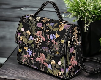 Dark Cottagecore Boho Canvas Satchel bag, Dried Pressed Flowers Boho purse, Dark Academia Handbag, Boho Witchcore Hippies Gift Satchel Purse