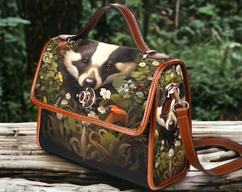 Dark Forest Badger and Woodland Floral Satchel, Dark Cottagecore Badger purse, Forestcore Badger Dark Floral Garden Boho Witchy Handbag