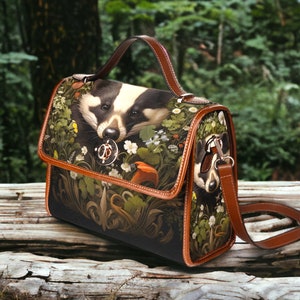 Dark Forest Badger and Woodland Floral Satchel, Dark Cottagecore Badger purse, Forestcore Badger Dark Floral Garden Boho Witchy Handbag