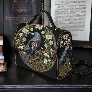 Cartera gótica con diseño de cuervos y flores de Dark Cottage, bolso con diseño de cuervos de Dark Cottagecore, bolso de mano bohemio con diseño de brujas de Wiccan Crowcore Dark Nature Garden