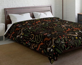 Dark Fairy Forest Comforter Queen, Dark Cottagecore Bedding, Mushrooms Forest Creatures Dark Nature Aesthetic, Woodland Cottage Bedding King