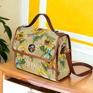 Boho Dragonflies Sunflowers Satchel handbag, Cottagecore Cross Body purse, Canvas & Vegan Leather Boho Sunflowers Hippie Witchy Handbag