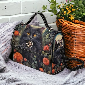 Dark Cottage Goth Witchy Cat and Floral Satchel, Dark Cottagecore Black Cat purse, Canvas Wiccan Cat Gothic Garden Boho Witchcore Handbag