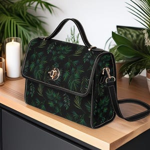 Conjunto de cartera y bolso de bruja con helechos del bosque oscuro bohemio, elegante bolso de estilo bohemio estilo forestcore, cartera de mano hippie estilo cottagecore oscuro con bruja