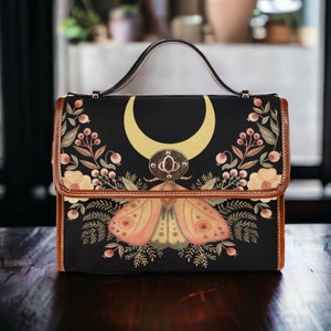 Mystical Moth Moon Satchel, Dark Cottagecore Cross-Body Satchel, Boho Witchy Hippie Handbag, Celestial Moth Purse, Dark Forestcore Handbag