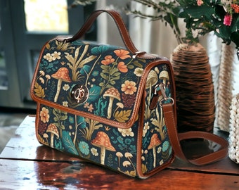 Boho Botanical Mushrooms Canvas Satchel, Boho Forest Mushrooms Goblincore purse, Boho Witchy Mushrooms Purse, Mushroomcore Hippie Boho Bag