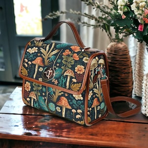 Boho Botanical Mushrooms Canvas Satchel, Boho Forest Mushrooms Goblincore bourse, Boho Witchy Mushrooms Purse, Mushroomcore Hippie Boho Bag