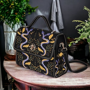 Bolso de cartera de lona de bruja, bolso de serpiente celestial y lunas, bolso de bruja mística boho, bolso de lunas de serpiente mística, monedero hippie de serpientes boho