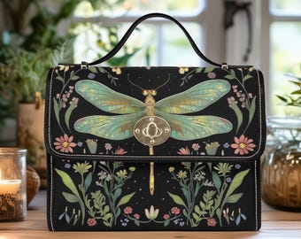Witchy Dragonfly and Floral Vegan Leather Satchel Bag, Boho Dragonfly Purse, Cottagecore Crossbody Bag, Naturecore Garden Goblincore Bag