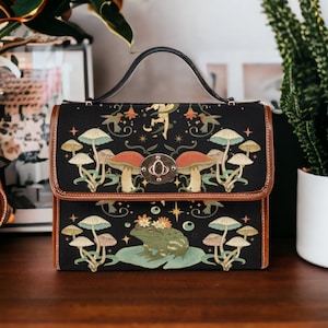 Hexe Canvas Umhängetasche, Dark Faecore Witchcore Cross Body Geldbörse, Canvas Hexe Handtasche, Mystische Fee Frosch Fliegenpilze Pilze Boho Geldbörse