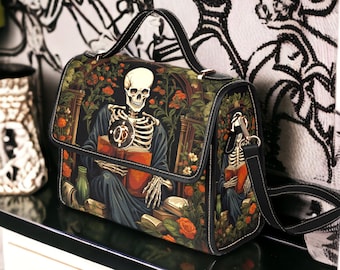 Gothic Skeleton Reading Satchel, Dark Academia Skeleton Library Floral Cross Body Purse, Vegan Goth Girl hand bag, Boho Witchy Skull Handbag