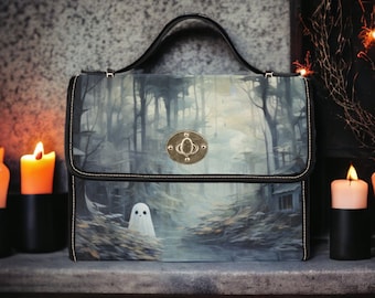 Sweet Gothic Ghostie Canvas Satchel, Haunted Forest Lonely Ghostie purse, Spooky Cute Handbag, Creepy Cute Halloween Handbag, Spooky Purse