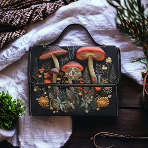 Boho FAUX-Embroidered Mushrooms Cottagecore Canvas Satchel bag, Boho Mushrooms Motif purse, Goblincore Handbag, Witchy Hippie Boho Purse