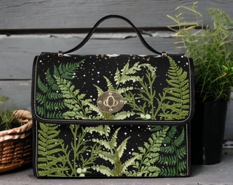 Boho Dark Forest Fern Moons Witchy Canvas Satchel bag, Boho Crossbody Celestial Forest purse, Dark Cottagecore Ferns Hippie Witch Handbag