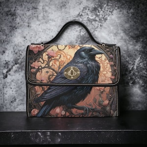 Dark Cottage Goth Witchy Crow and Roses Satchel, Dark Cottagecore Raven purse, Canvas Wiccan Crow Gothic Art Garden Boho Witchcore Handbag