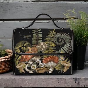 Boho Dark Forest Ferns Mushrooms Witchy Canvas Satchel, Boho Crossbody Goblincore Forest purse, Dark Cottagecore Ferns Hippie Witch Handbag