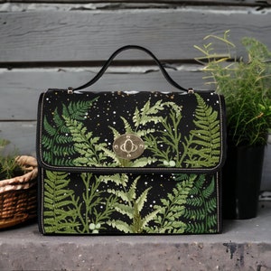 Boho Dark Forest Fern Moons Witchy Canvas Satchel bag, Boho Crossbody Celestial Forest purse, Dark Cottagecore Ferns Hippie Witch Handbag