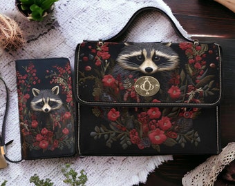 Faux-Embroidered Raccoon & Floral Handbag and Wallet Boho Cottagecore Witchy Raccoon Red Floral Satchel or Clutch, Dark Forestcore Raccoon