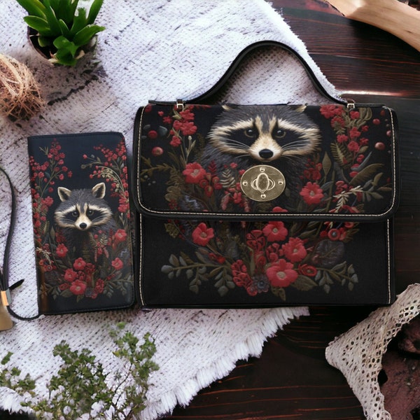 Faux-Embroidered Raccoon & Floral Handbag and Wallet Boho Cottagecore Witchy Raccoon Red Floral Satchel or Clutch, Dark Forestcore Raccoon