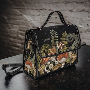 Boho Dark Forest Ferns Mushrooms Witchy Canvas Satchel, Boho Crossbody Goblincore Forest purse, Dark Cottagecore Ferns Hippie Witch Handbag