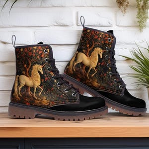 Unicorn and Roses Vegan Combat Boots, Medieval Mythical Creature Art Boots, Unisex Ren Faire Fantasy Boots