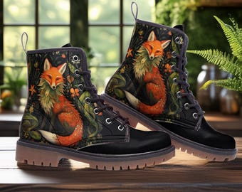 Fox Vegan Combat Boots, Magic Story Fables Forestcore Fox Boots,Dark Naturecore Fox Faux-Leather Boots, Ren Faire Boots, Witchy Fox Boots