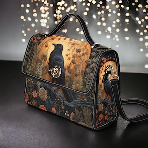 Cartera con cuervo y bordado falso gótico de Dark Cottage, bolso con cuervo de Dark Cottagecore, bolso de mano Witchy Crow, bolso Witchcore con cuervo bohemio y floral oscuro