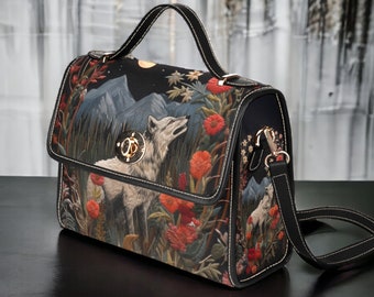 Faux-Embroidered Wolf and Floral Handbag, Boho Cottagecore Witchy Wolf Satchel, Boho Naturecore Wolf HandBag, Dark Forestcore Wolf Gift