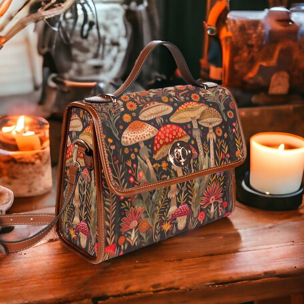 ボヘミアンフォレストマッシュルームハンドバッグ、コテージコアキャンバスサッチェルバッグ、グレムリンコアマッシュルームパース、ゴブリンコアハンドバッグ、魔女ヒッピーボヘミアンパース