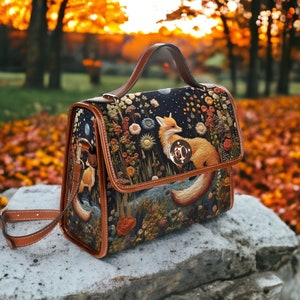 Faux-geborduurde Fox en bloemen handtas, Boho Cottagecore Witchy Fox Satchel, Boho Naturecore Fox bloemen handtas, Dark Forestcore Fox portemonnee